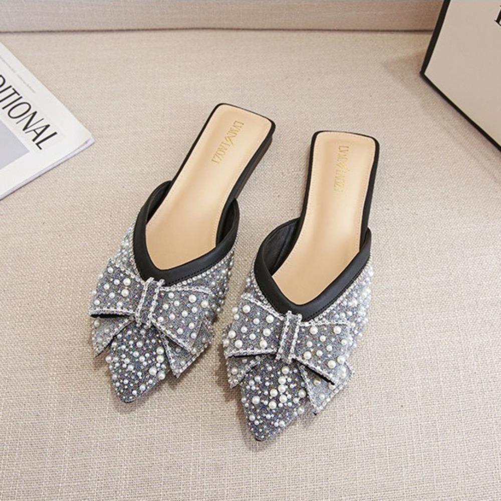 Fashion Baotou Slippers for Women 2025 New Style Flat Bottom Empty Single Shoes Summer Water Diamond Lazy Baotou Large Slippers 41-43