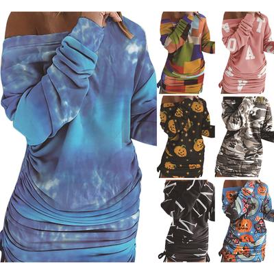 Rochie pulover sexy cu șnur și imprimeu pentru femei, mulată pe corp, cu umeri goi
