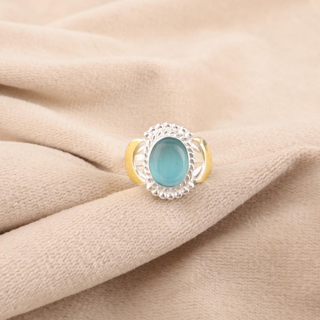 Blue Cat's Eye Gemstone 925 Stamped Silver Jewelry Handmade Ring Gift For Sister RR-61-37