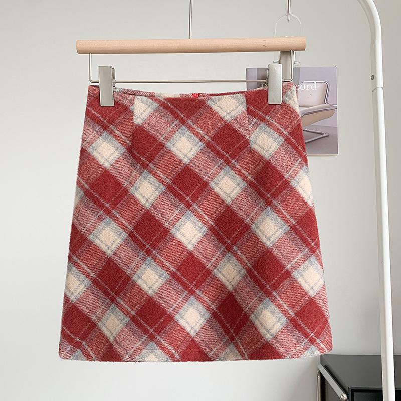 2024 Retro American Khaki Wool Plaid A-Line Skirt - High-Waisted Bodycon Midi