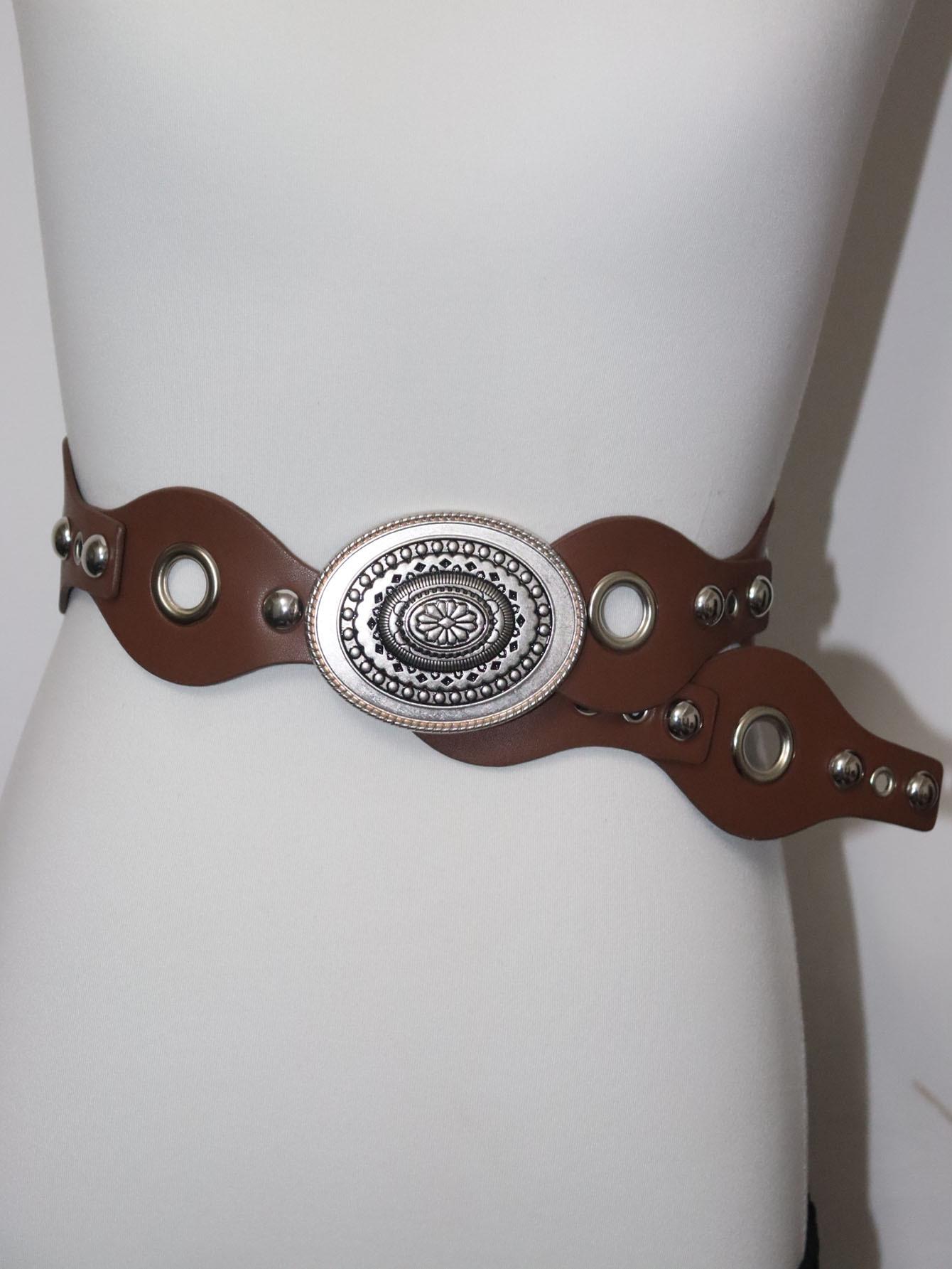 

Women s Retro Western Cowboy Leather Belt with Rivet and Eyelet Accents 105 cm