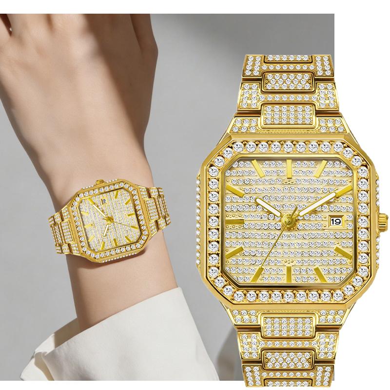 Luxury Full Diamond Watch Men Sparkling Rhinestone Dial Stainless Steel Bracelet Women Elegant Bling Dress Watch