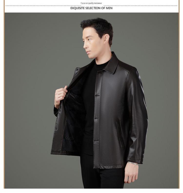 Men's Genuine Sheepskin Lapel Coat - Winter 2025 Single-Breasted Leather Jacket with Plush Lining for Middle-Aged Dads