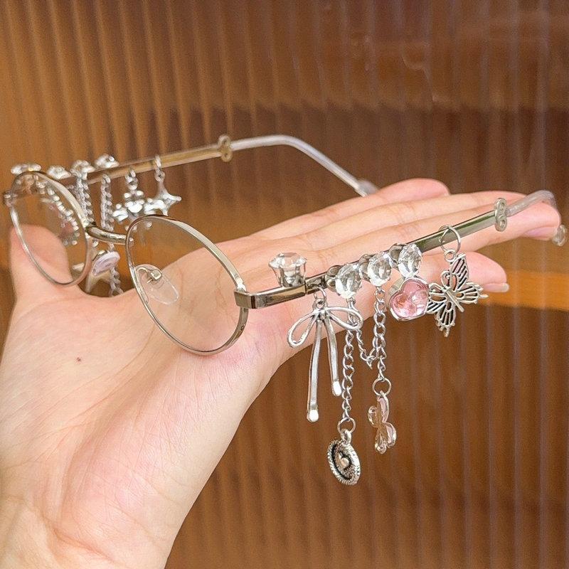 Fashion Diamond Small Frame Elliptical Glasses Woman for Women Metal Blue Light Blocking Glasses Japanese Retro Y2K Eyeglasses