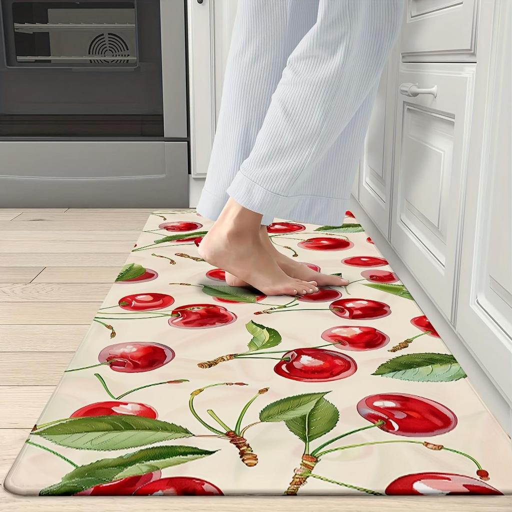 1 Stück Anti-Ermüdungs-Küchenteppich mit rotem Kirschdruck, wasserdicht, rutschfest, dick gepolstert, robuste, bequeme Stehmatte für die Küche