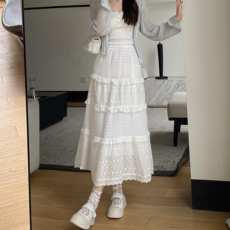 Weiße Hohle Lange Kuchenröcke Damen Hohe Taille Spitze Patchwork Rüschen A-Linie Lolita Midi Rock