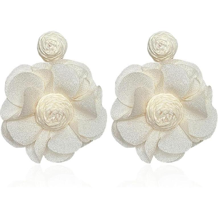 Rattan Earrings Summer Boho Handwoven Big Fabric Chiffon Rattan Flower Drop Earrings Statement Tropical Beach Vacation Jewelry