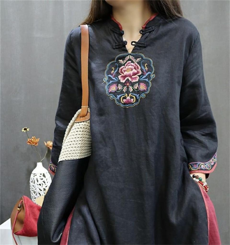KEWJYUE Chinese Style Long Sleeve Stand Collar Cheongsam Embroidery Solid Color Lightweight Shirt Loose Everyday Wear Women's Cotton-Linen Dress, Fit,