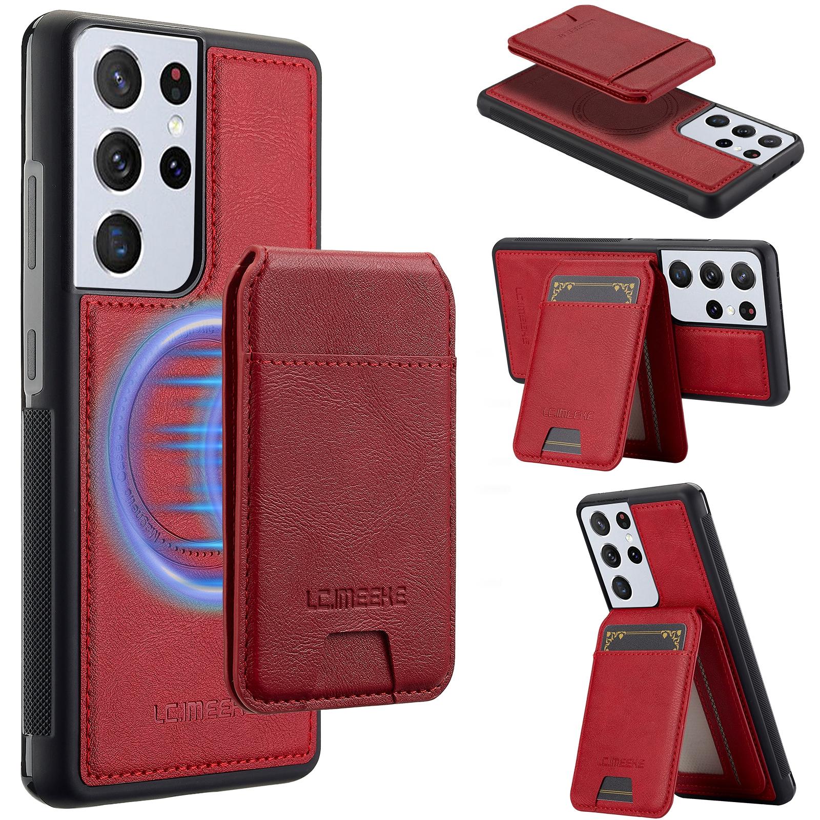 

For Samsung Galaxy S22 Ultra 5G Magnetic Case Detachable Card Holder Leather+TPU Mobile Cover Red