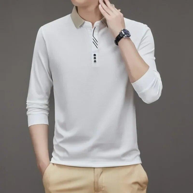 Herren Langarm Umlegekragen Waffel T-Shirt Business Casual Kontrastlinie Poloshirt