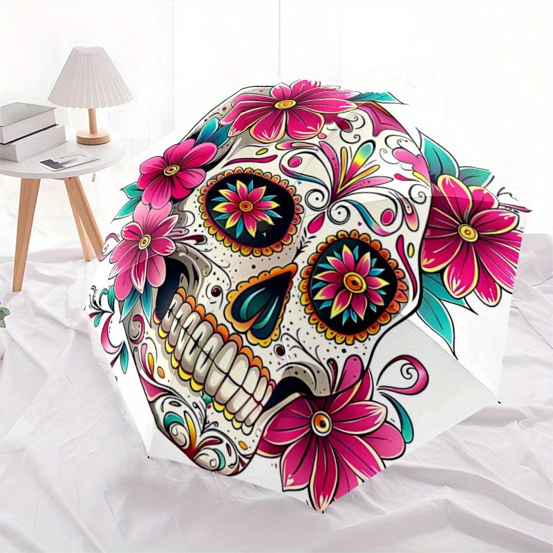 

1pc Day of the Dead Skull Fully Automatic Folding Portable Umbrella, 8 Iron Frames, Three-Fold Design, Suitable for All Seasons, Suitable for Outdoor