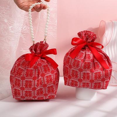 Pearl Handle Wedding Drawstring Bag Satin Bow Letter Flower Tassel Knot Wrist Bag Large Capacity Bucket Bag