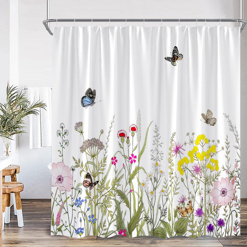 Floral Print Shower Curtains Watercolor Wildflowers Green Leaves Birds Butterfly Bathroom Decorations Polyester Bath Curtains