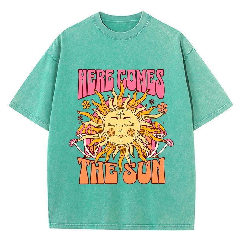 Dámské oversized prané bavlněné tričko s potiskem Here Comes The Sun Ležérní topy s kulatým výstřihem a krátkým rukávem Volné dámské oblečení