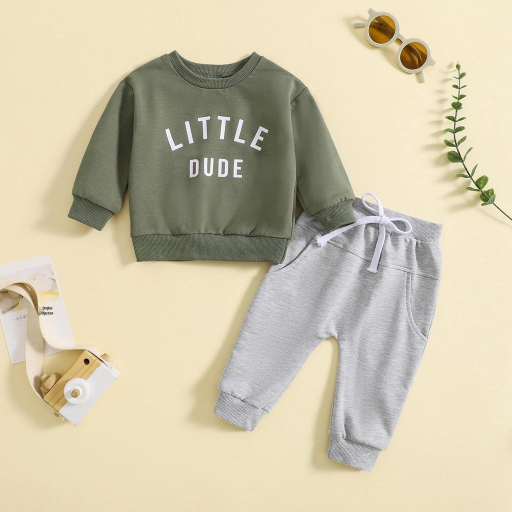 Toddler Letter Print Round Neck Top & Solid Color Long Pants Two-Piece Set, Multi-Color.