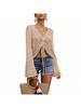 Women's Boho Off Shoulder Crochet Knit Crop Top V Neck Bell Sleeve Ruched Sweater
