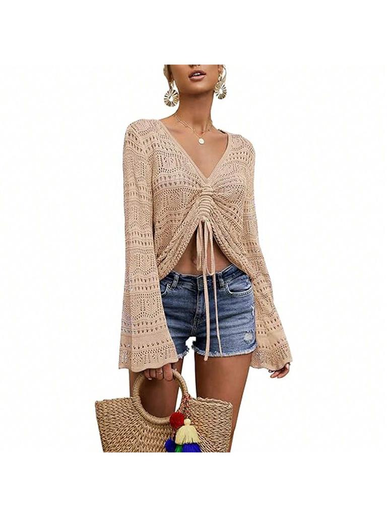 Women's Boho Off Shoulder Crochet Knit Crop Top V Neck Bell Sleeve Ruched Sweater