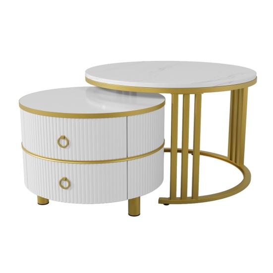 Rounded Edge Coffee Table with 2 Drawers Strong Load-bearing Spacious Desktop High-Gloss Marble Pattern Tea Table Living Room