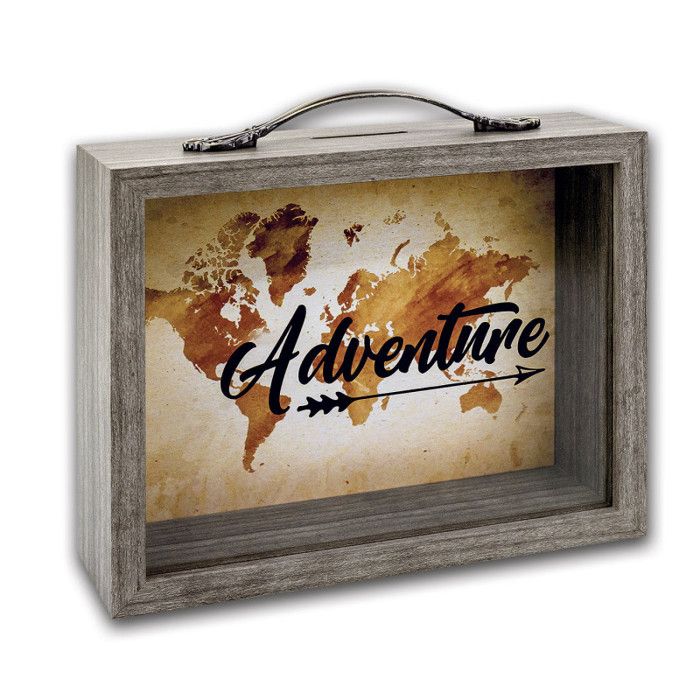 Tirelire - adventure - mappemonde - bois - vintage - 6,5x21 cm