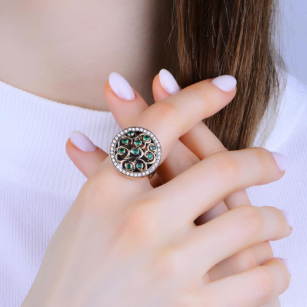 Authentic Emerald Stone Ring, Silver & Bronze Ottoman Design, Turkish Handcrafted Daily Wear Ring, Unique Women's Gift