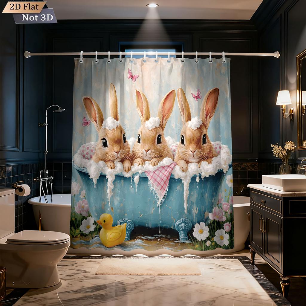 1pc Cartoon Highland Cow Rabbit Bath Print Waterproof Shower Curtain Partition Privacy Hanging Curtain Multiple Sizes 12 Hooks