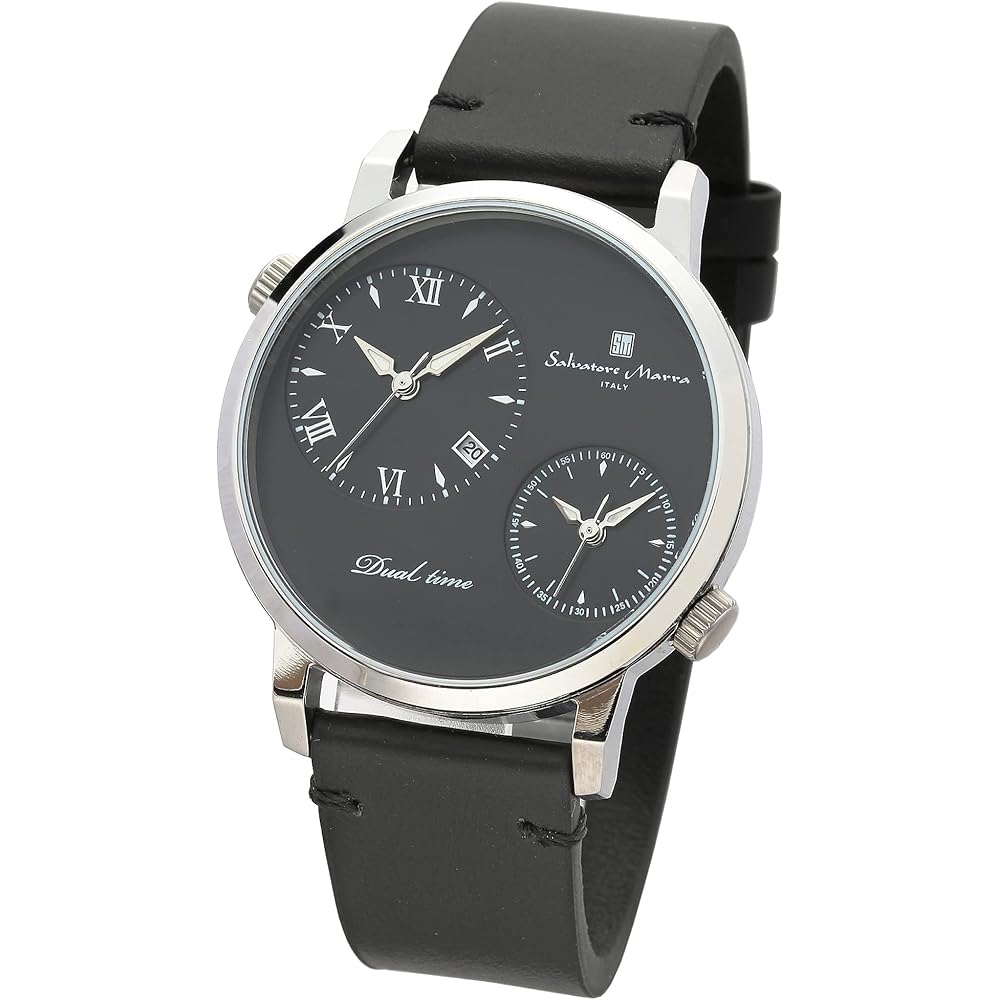 Salvatore Marra Men s Women s Analog Quartz Dual Time Watch Stainless Steel Black Silver Leather Strap
