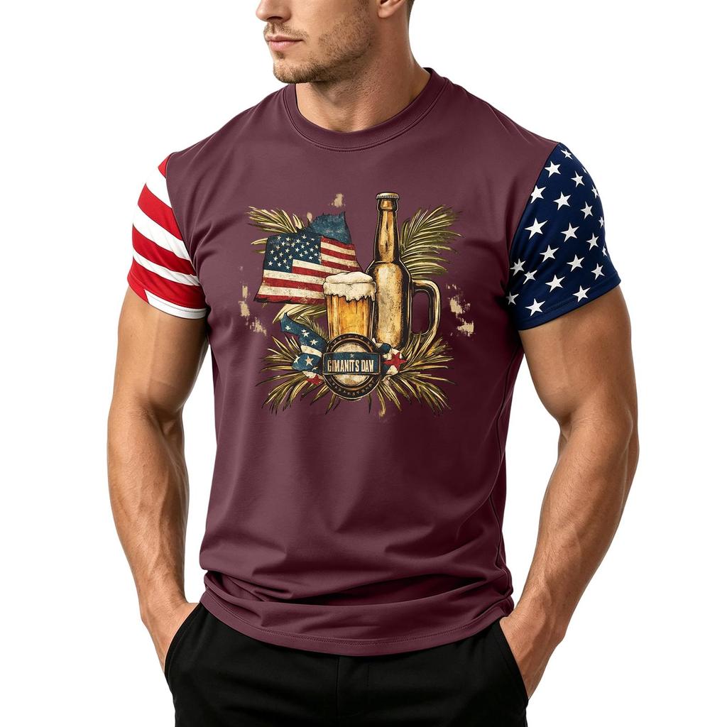 Men's Short Sleeve Loose Fit T Shirt with Flag and Beer Print Casual Crewneck Summer Top for Daily Wear Holiday Events