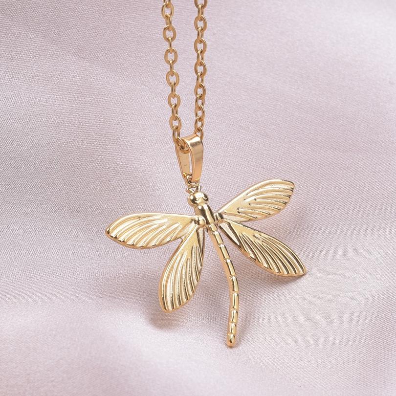 1Pc Personality Minimalism Dragonfly Pendant Necklace Metal Stainless Steel Charms Necklace Real Gold Plated For Women Jewelry