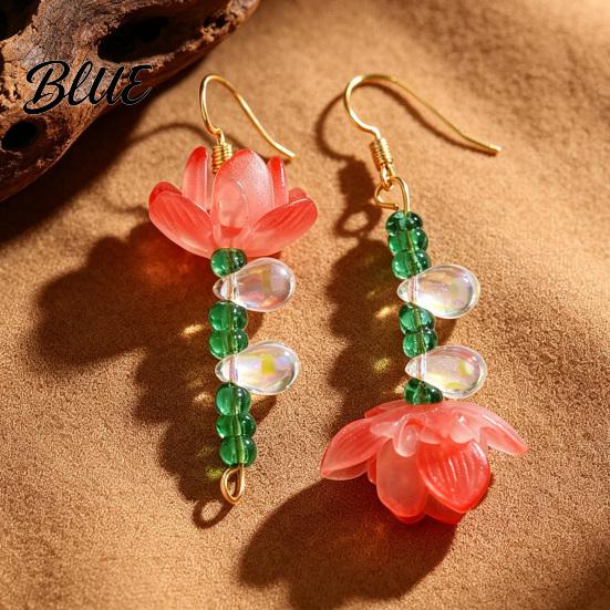 Lotus Flower Earrings 1 Pair for Women Vintage 3D Pink Dangle Pearl Drop Earring Faux Crystal Floral Jewelry Hanfu Cosplay Accessories Fashion Face