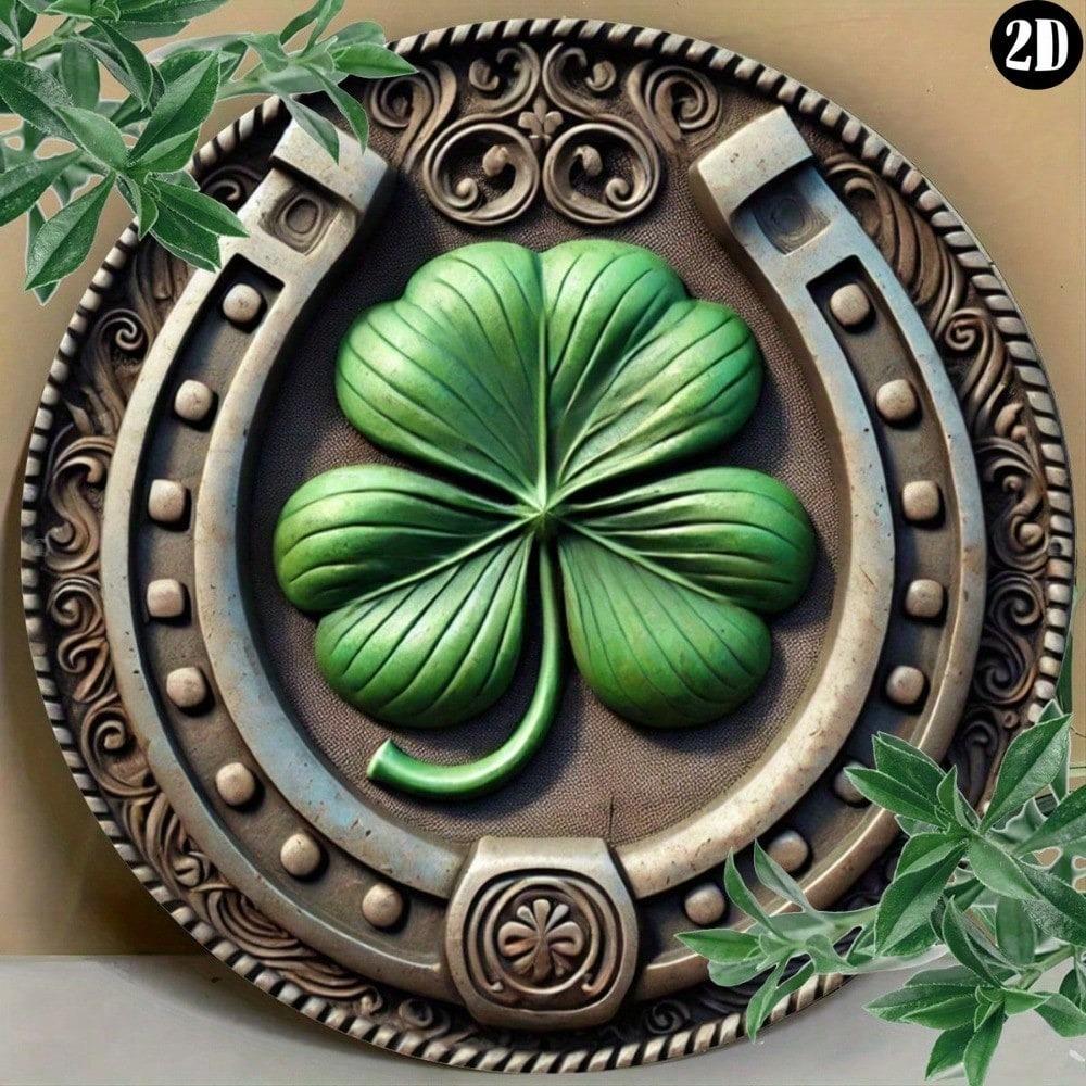 Vintage podkovy a čtyřlístky kovová nástěnná dekorace Zelená rustikální dekorace Domov Kavárna Garáž Venkovní