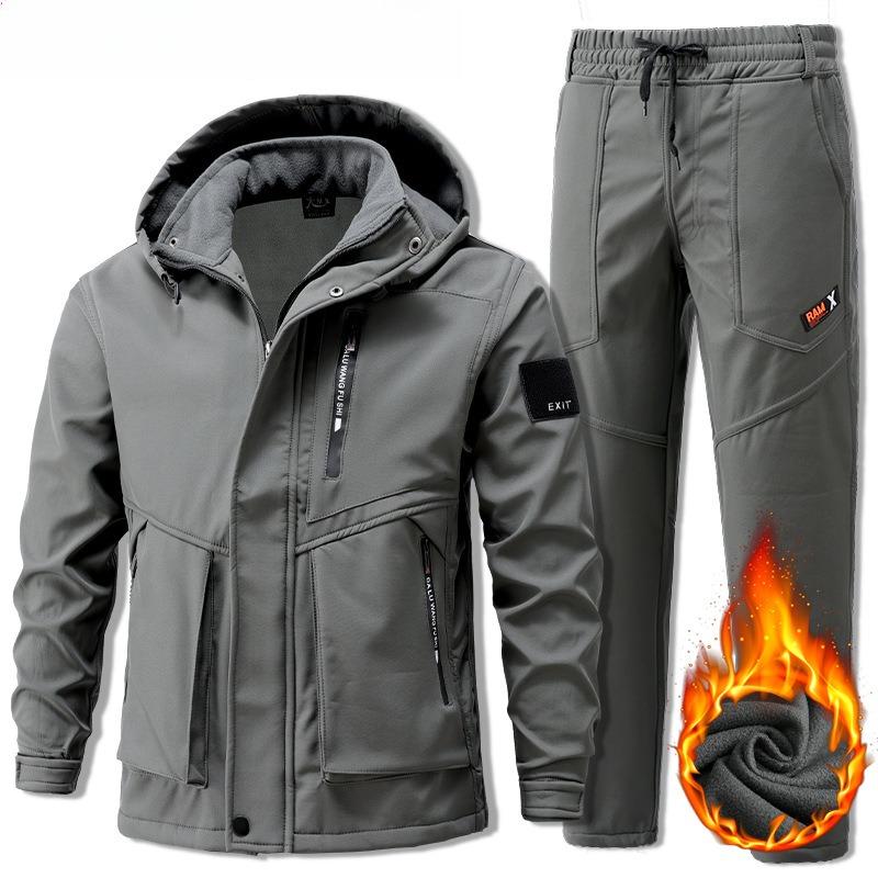Herbst Handwerksanzug Herren Plus Samt Verdickt Winddicht Wasserdicht und Warm Outdoor Bergsteigeranzug Lässiger 2-teiliger Anzug