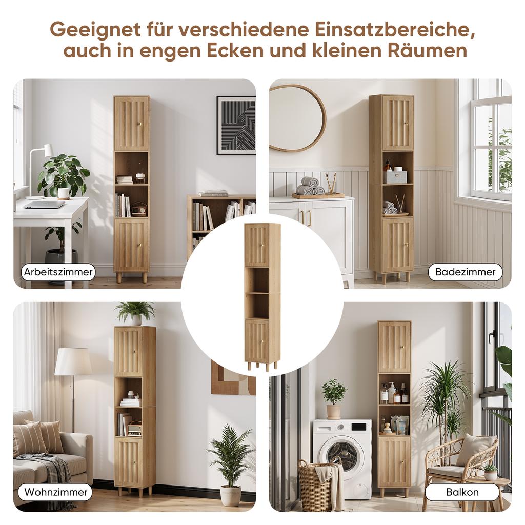 Armadio alto e stretto in legno con ante e ripiani a giorno, per lavanderia, balcone, bagno, cucina, autoportante, effetto rovere
