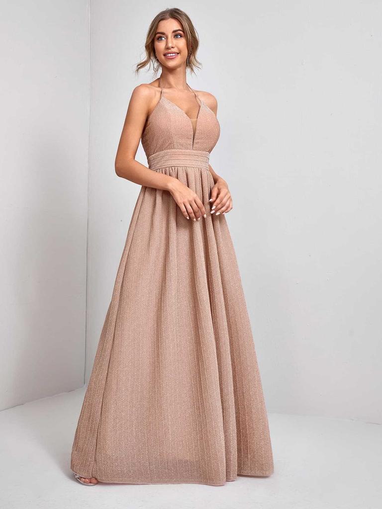 Lotus root powder suspender long dress evening dress new light luxury birthday slim party party dress dress