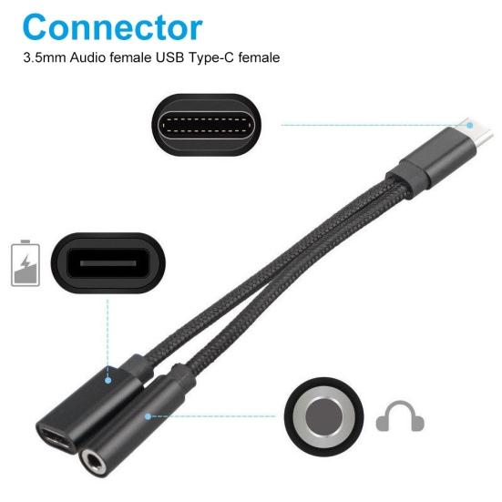 2 in 1 3.5mm Earphone Audio Type-c to Jack Charging Cable Converter Adapter