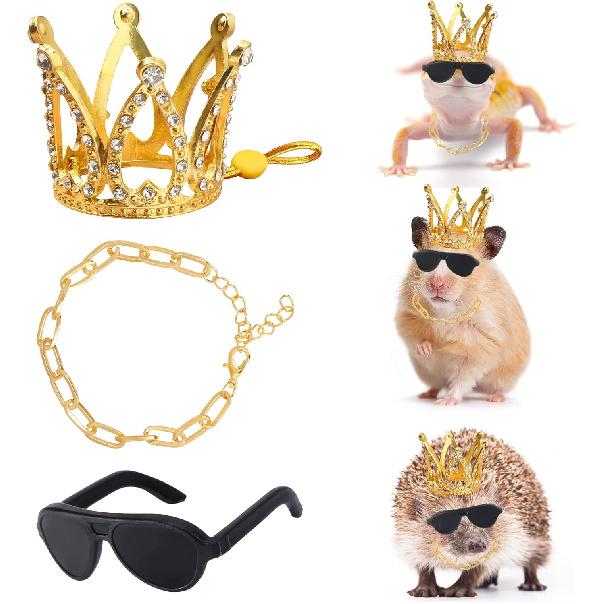 Bearded Dragon Accessories Set Including Crown Necklace Sunglasses with Adjustable Elastic Chin Strap Reptile Clothes Lizards Gecko Chameleon Iguana
