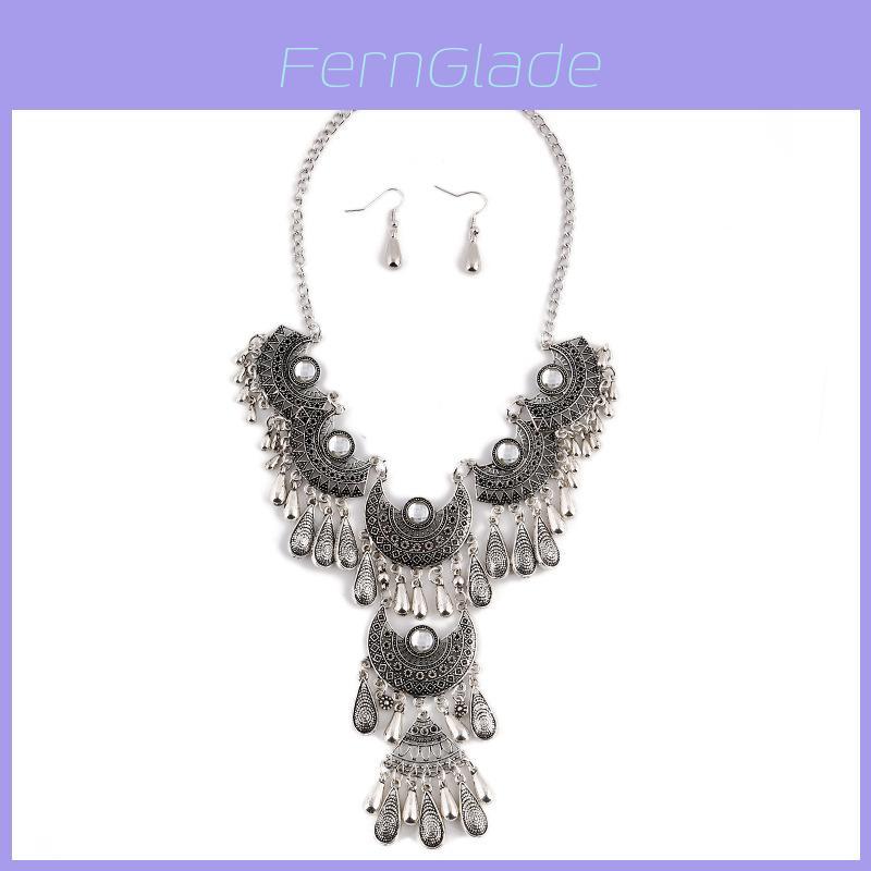 Vintage Water Drop Necklace Earrings Set With Alloy Pendant And Multilayer Chain For Retro Jewelry Enthusiasts