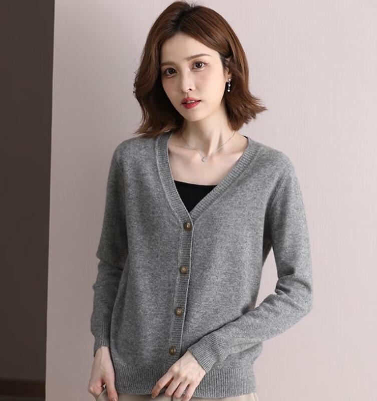 Hengyuanxiang Women's Fine Wool V-Neck Cardigan Sweater