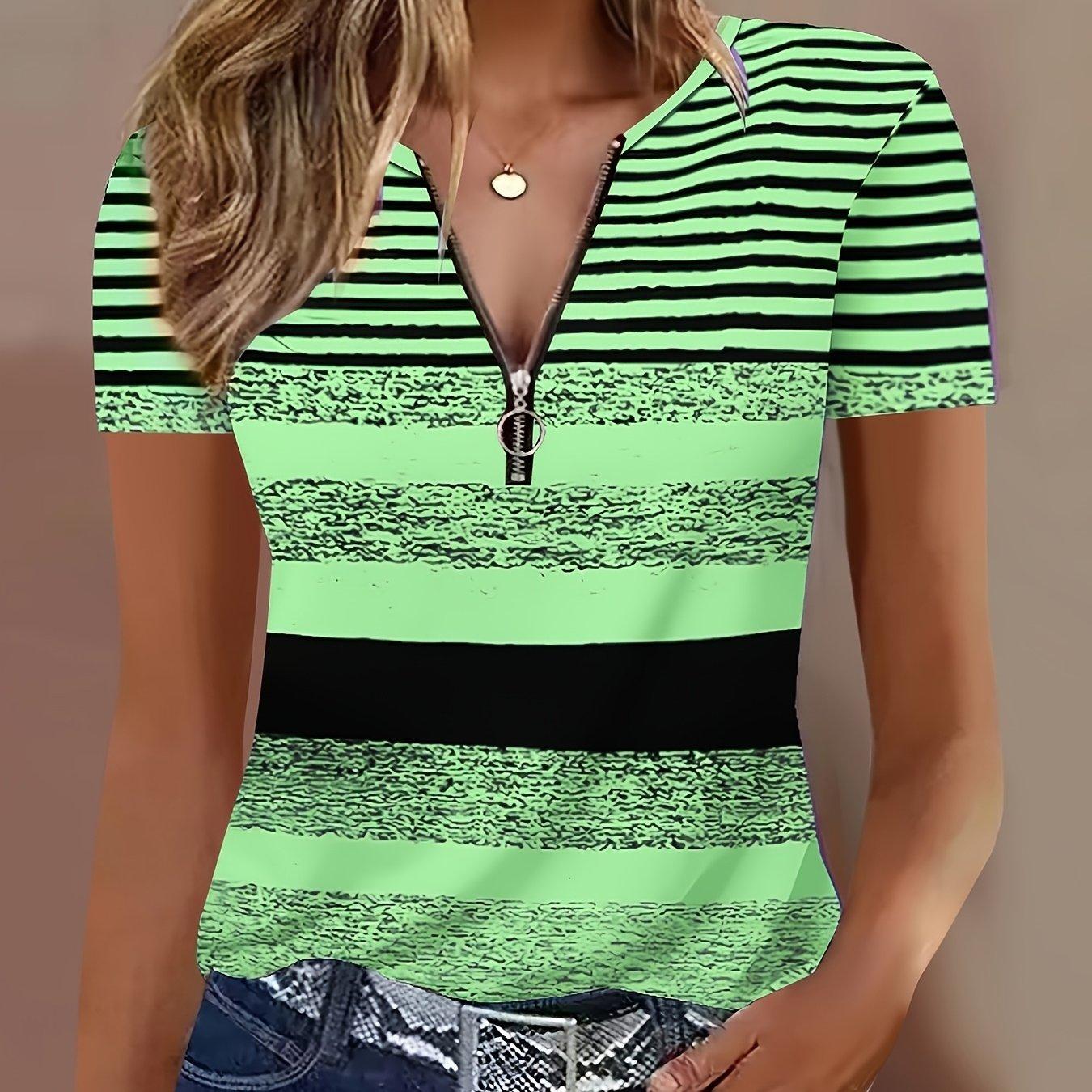 Color-block Quarter-zip T-shirt, Summer Casual Short-sleeve T-shirt, Women s Clothing S