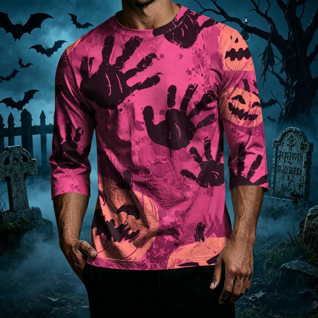 Men's Casual Halloween Printed Crew Neck T-Shirt Three Quarter Sleeve Top Lightweight Comfortable Fit for Everyday Wear