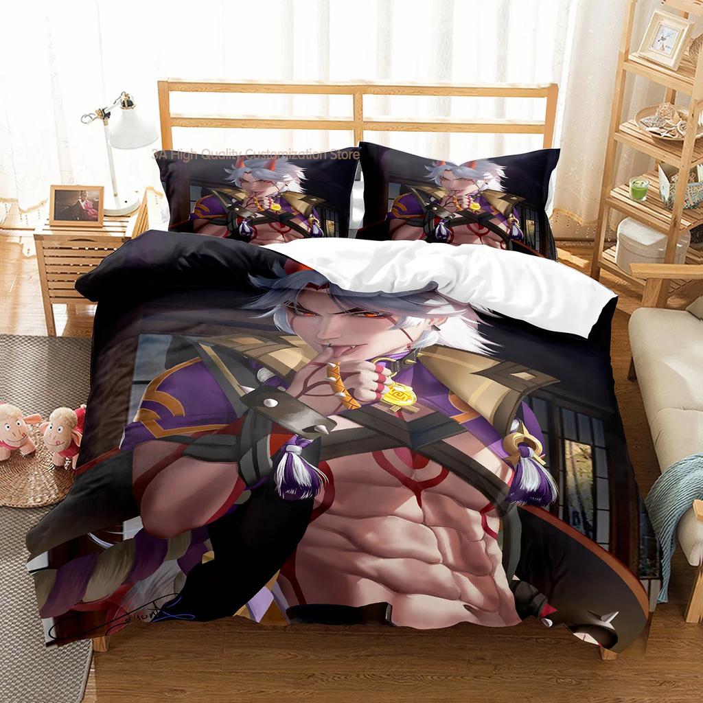 Beelzebul Bettwäsche-Set Einzelbett Twin Full Queen King Size Genshin Lmpact Bettset Aldult Jungen Schlafzimmer Raiden Shogun 3D-Druck 019