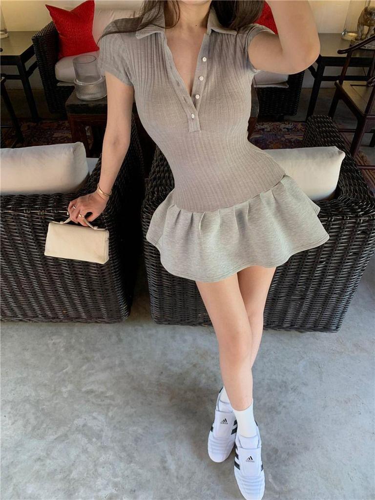 Women's Slim Fit Gray Polo Dress - Short-Sleeved, Waist-Cinching, A-Line Petite Summer Dress