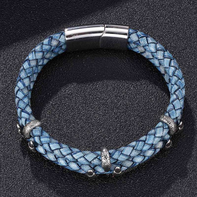 Vintage Men Blue Genuine Leather Bracelet Charm Paw Stainless Steel Bracelets Bangles Clasp Male Wristband
