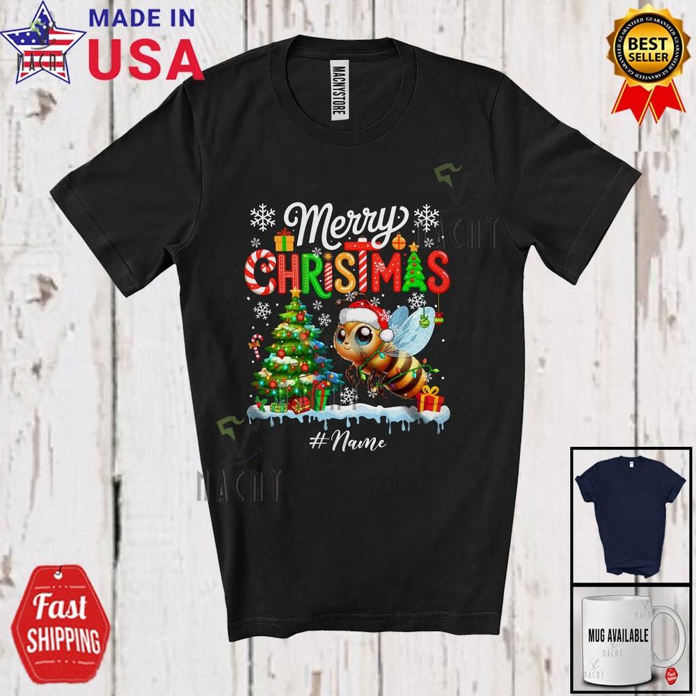 Custom Name Merry Christmas Lovely Santa Bee Animal X-mas Lights Tree T-Shirt 3XL