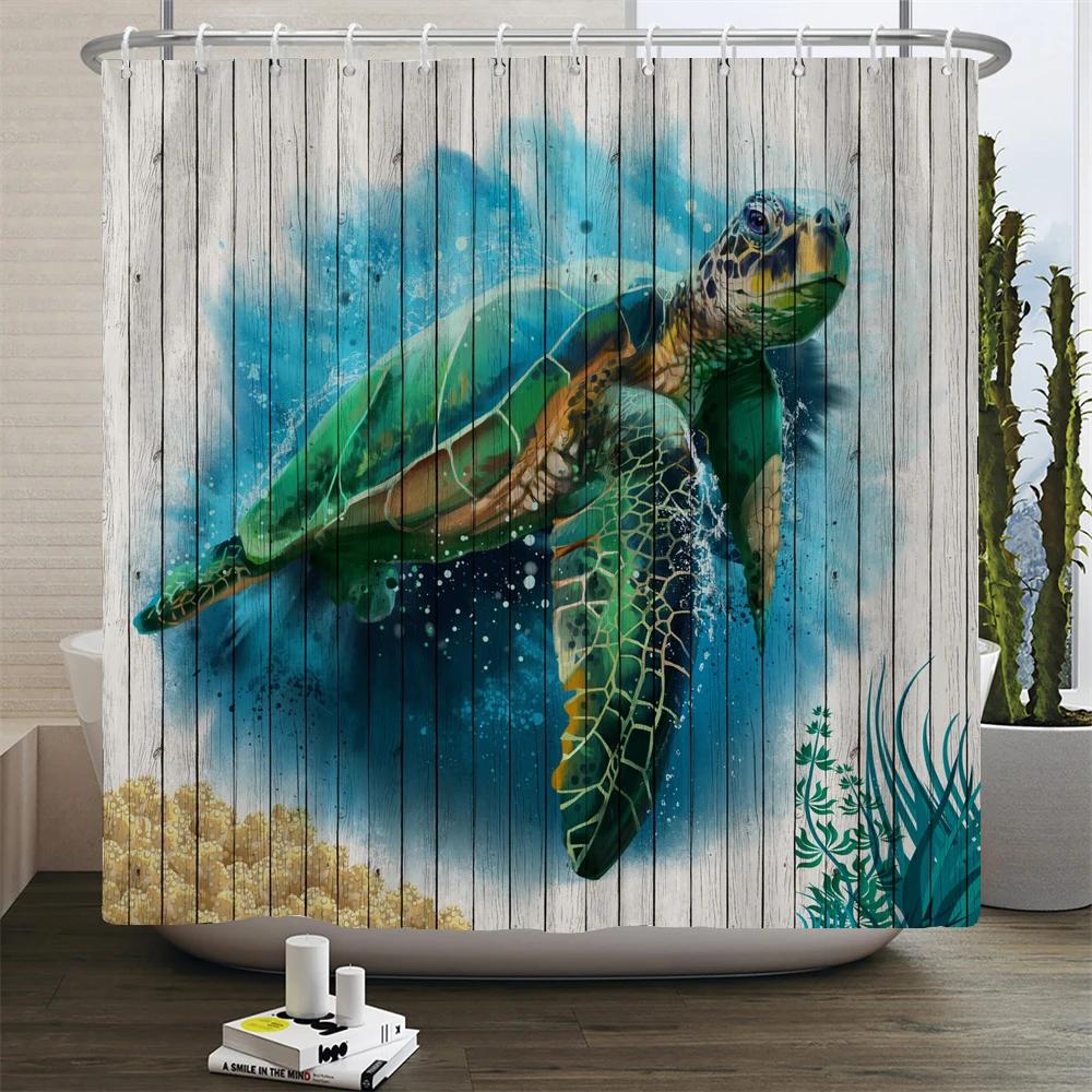 Dolphin Shower Curtain, Blue Underwater World Marine Life , Polyester Fabric Kids Ocean Theme Bathroom Decor Set with 12 Hooks