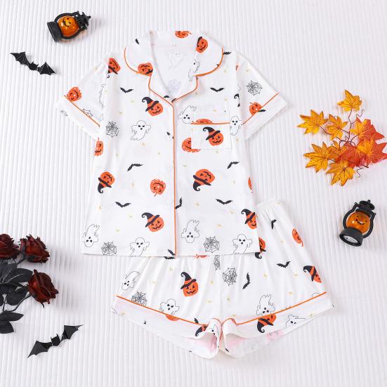 Women's Halloween Pajamas Sets 2 Piece Ghost Pumpkin Print Shirts And Shorts