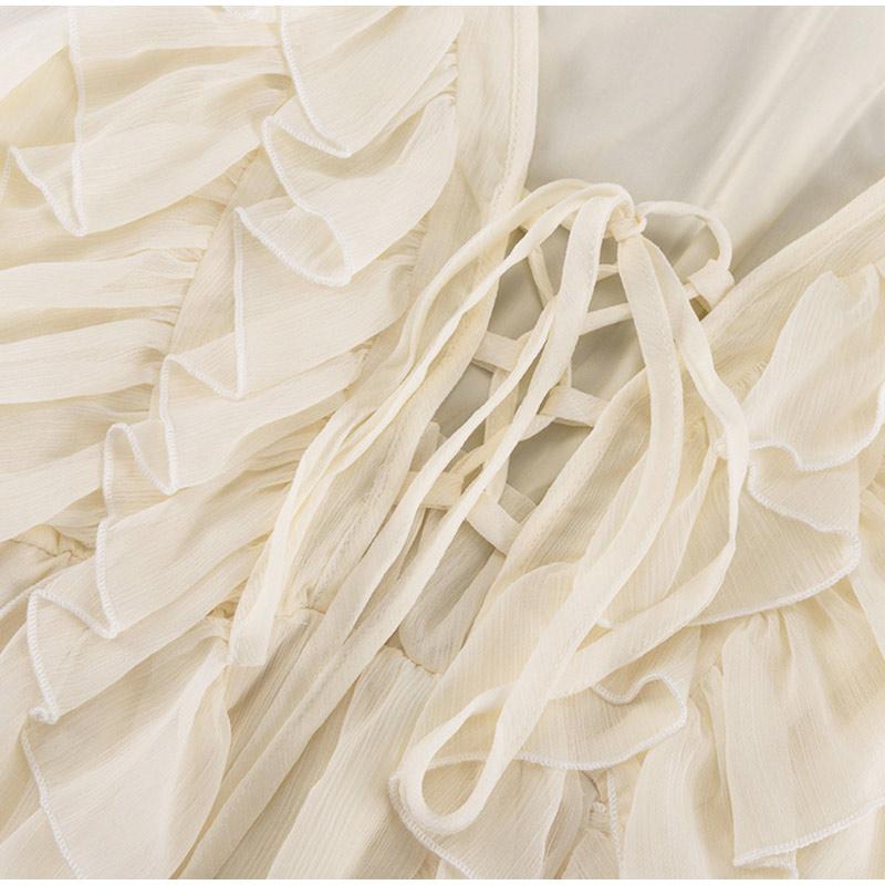 Summer Women Solid Color Pleated Dress Elegant Ruffles V-neck Long Sleeve Mini Dress Fashion Female Fold Casual Beach Party Dress