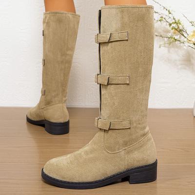 Klobige Absatz Damenstiefel Mit Gürtel Mittelhohe Stiefel Retro Mode Wildlederstiefel Mittelhohe Stiefel Flache Stiefel Weite Botas Invierno Mujer