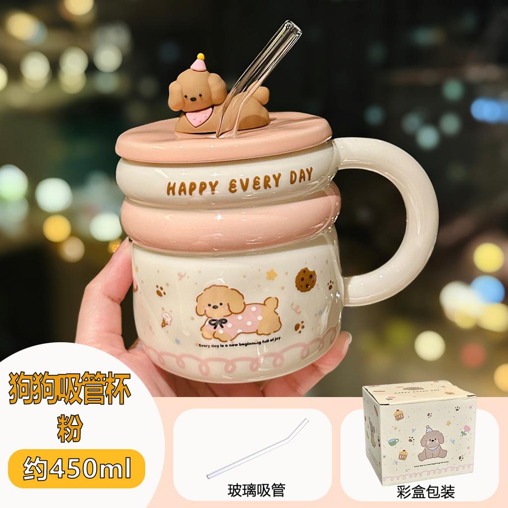 Cute Puppy Ceramic Mug With Lid Cartoon Home Breakfast Milk Cup Office Straw Cup Souvenir