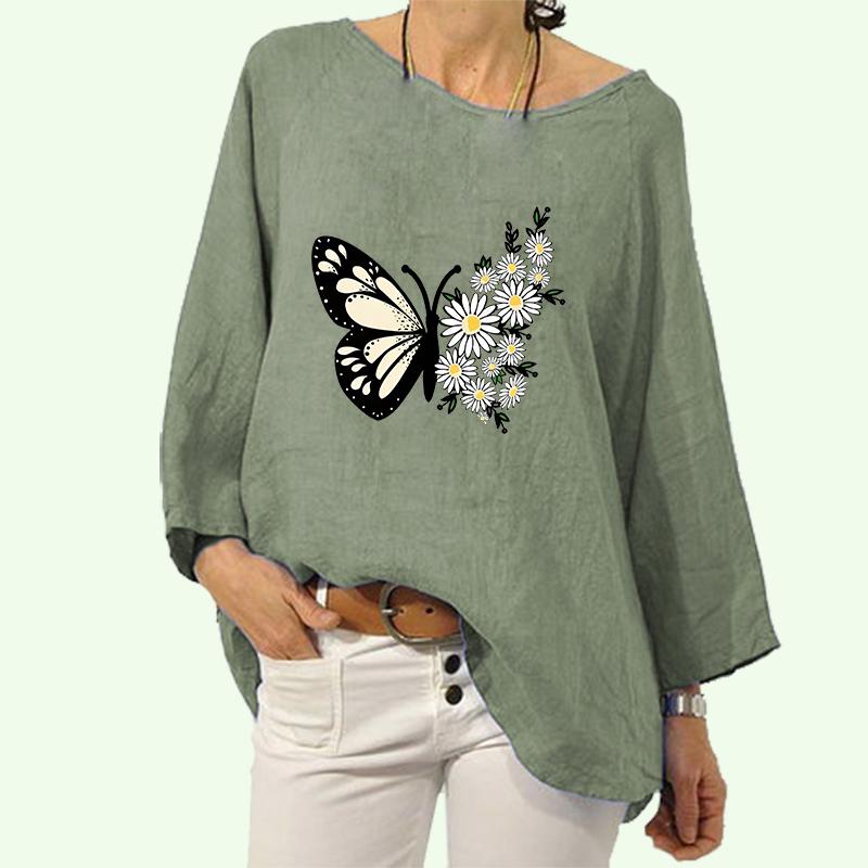 

Ladies Fashion Print Linen Top Women Pullover Loose Blouses Female Spring Summer Casual O Neck Long Sleeve Shirt