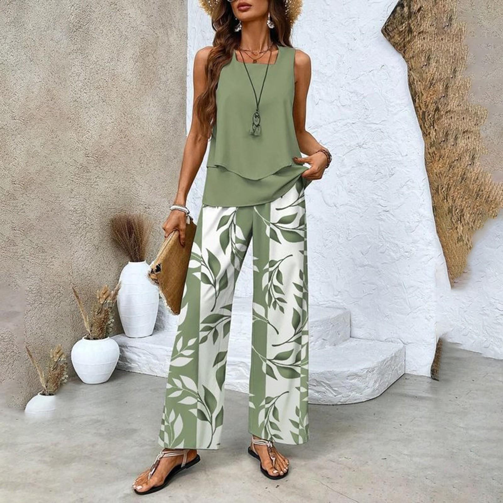 

Women s Two-piece Summer Loose Sleeveless Double-layer Vest Top, Casual Pants Vacation Set S